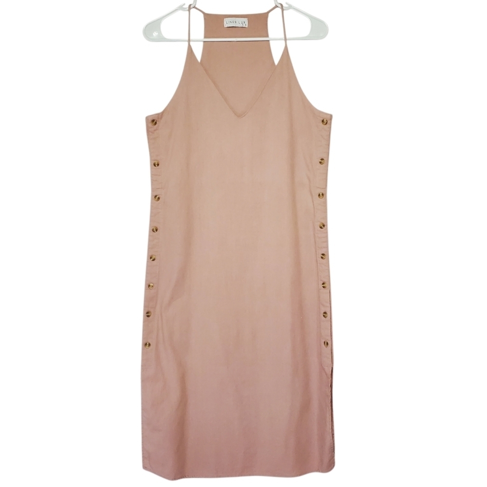 7593 * Linen Lux Linen Blend Midi Dress Blush Pink Size M Side Button Detail